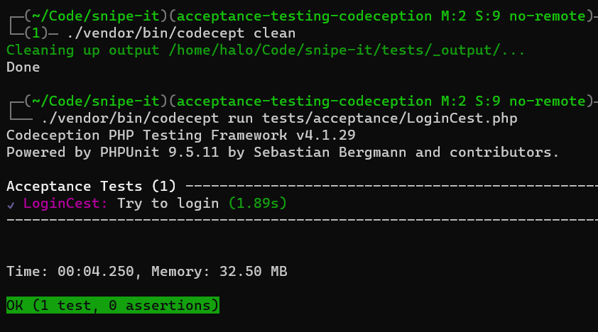 Running our test again validates our `LoginCept.php` test functions as expected